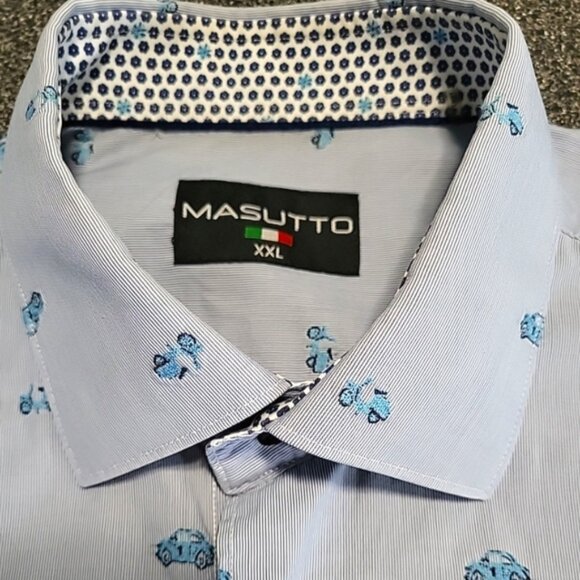 Masutto Men's Shirt Size XXL Blue Embroidered Scooter & Car Contrast Cuffs - Picture 3 of 13